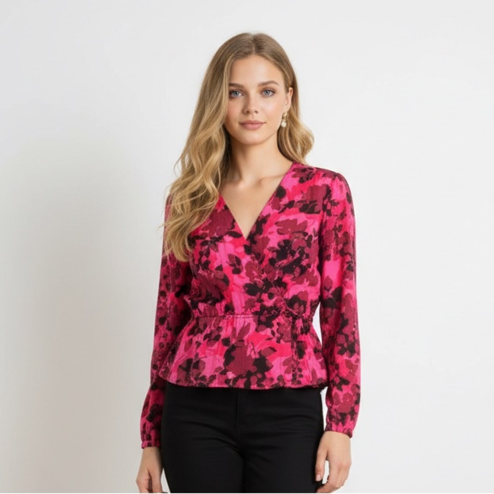 MICHAEL Michael‎ Kors Pink and Black Floral Blouse Wrap Style Top